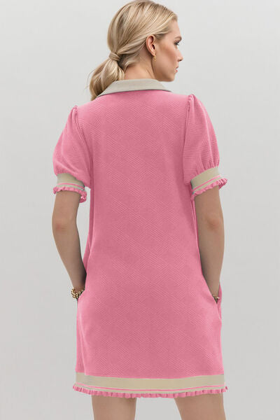Oh Frill Contrast Trim Johnny Collar Short Sleeve Mini Dress - Pahabu - Women's Clothing & Shop