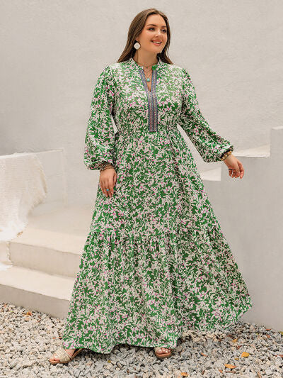 Plus Size Printed Notched Long Sleeve Maxi Dress - Pahabu - Women's Clothing & Shop