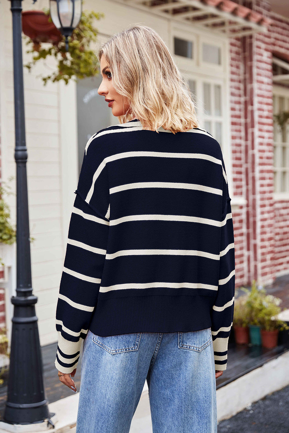Striped Johnny Collar Sweater - Pahabu - Women's Clothing & Shop