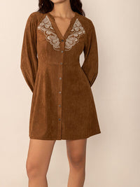 Notched Button Down Long Sleeve Mini Dress - Pahabu - Women's Clothing & Shop