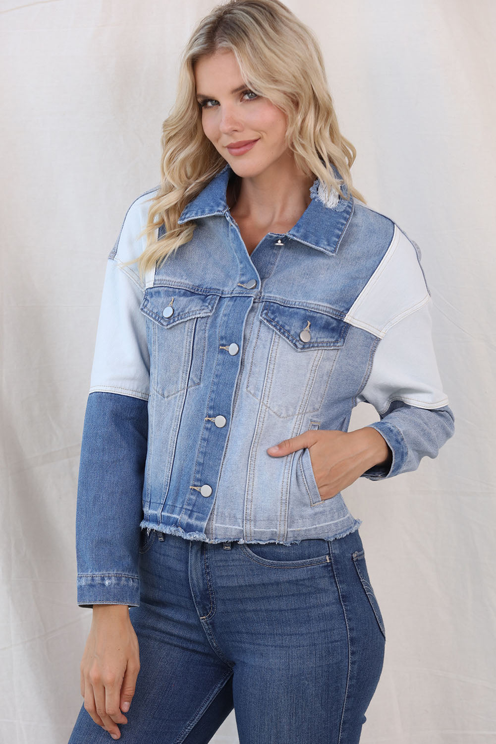 Color Block Distressed Button Up Denim Jacket - Pahabu - Women's Clothing & Shop