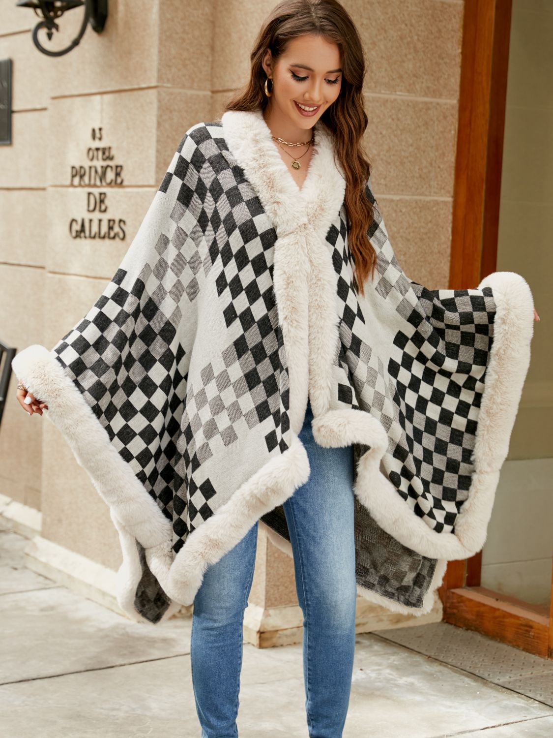 Checkered Faux Fur Trim Poncho - Pahabu - Women's Clothing & Shop