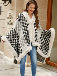Checkered Faux Fur Trim Poncho - Pahabu - Women's Clothing & Shop