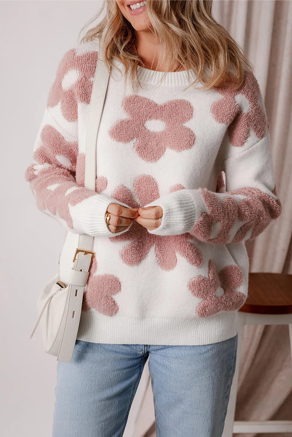 Flower Round Neck Long Sleeve Knit Top - Pahabu - Women's Clothing & Shop
