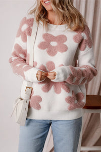 Flower Round Neck Long Sleeve Knit Top - Pahabu - Women's Clothing & Shop