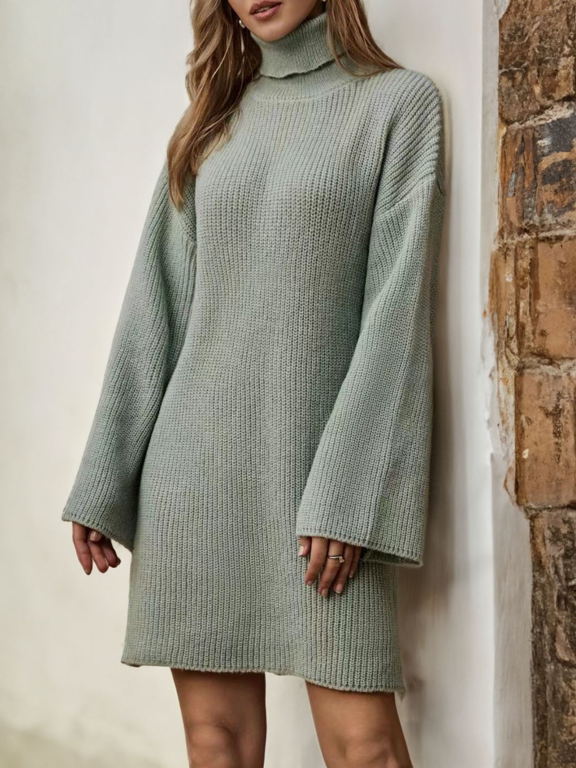 Turtleneck Dropped Shoulder Sweater Dress - Pahabu - Women's Clothing & Shop