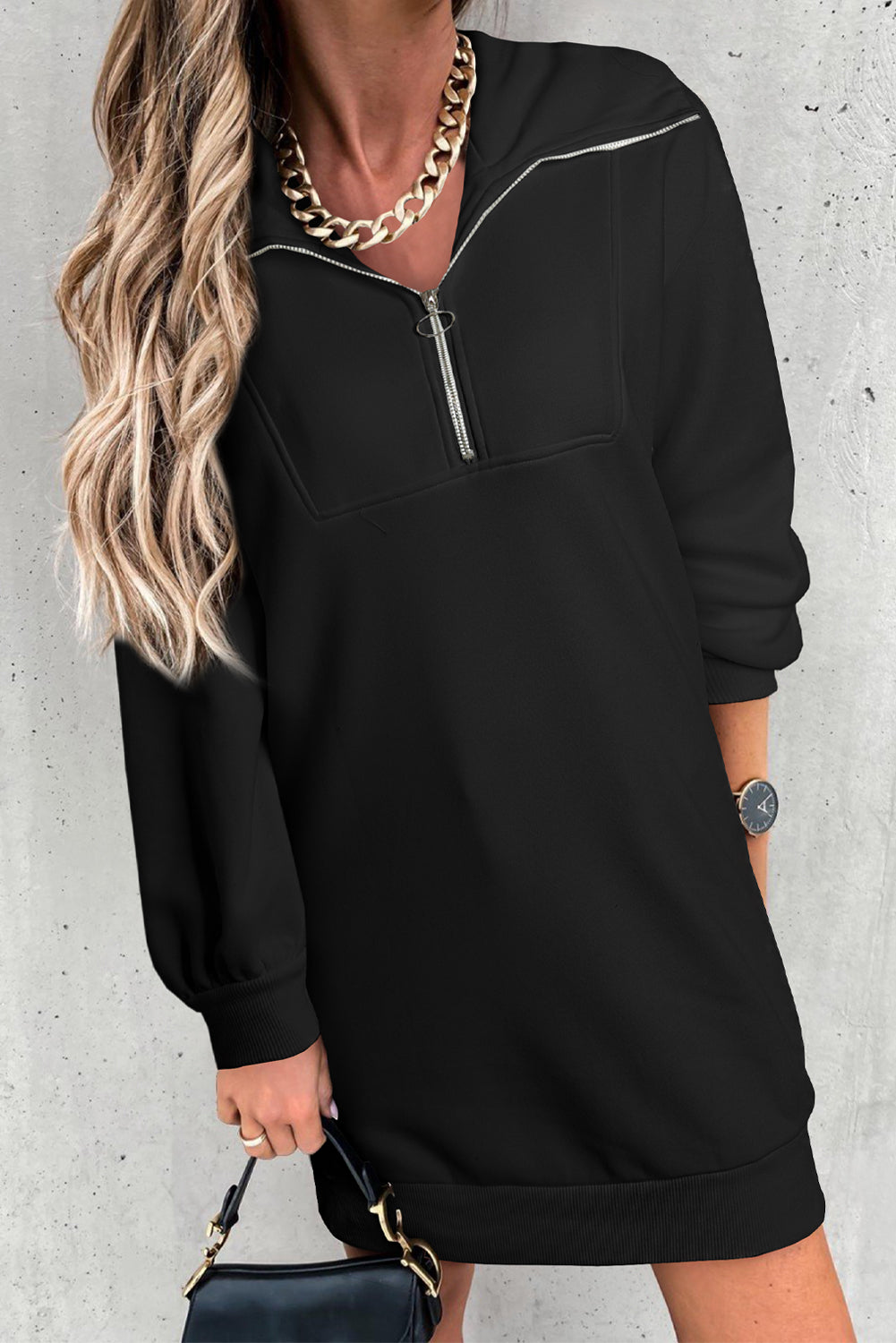 Half Zip Dropped Shoulder Mini Sweatshirt Dress - Pahabu - Women's Clothing & Shop