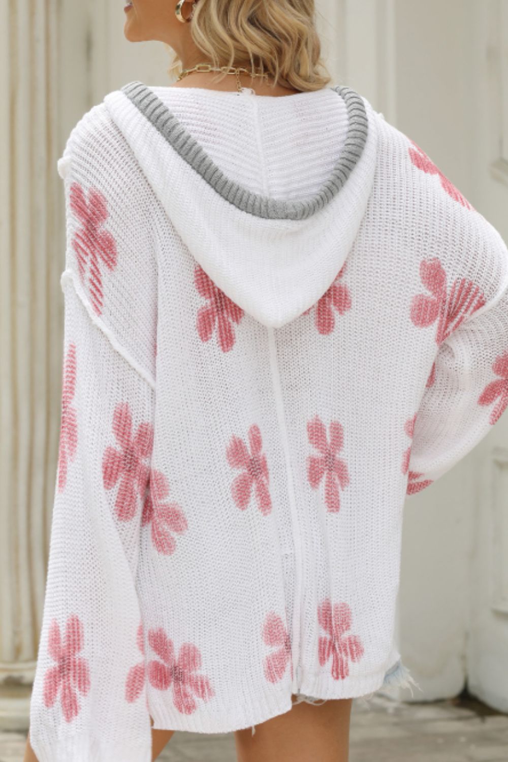 Drawstring Flower Hooded Knit Top - Pahabu - Women's Clothing & Shop