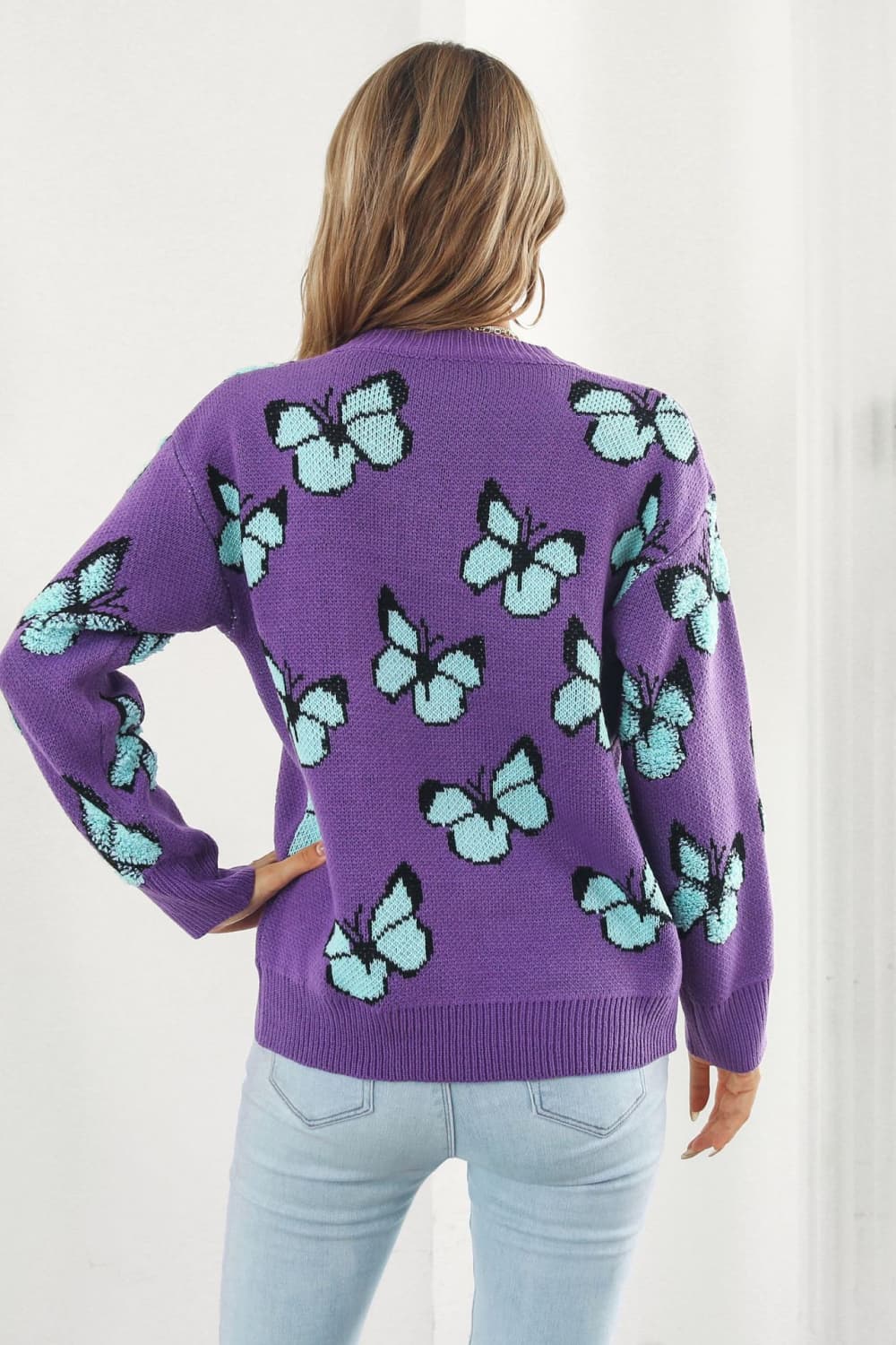 Butterfly Pattern Round Neck Dropped Shoulder Sweater - Pahabu - Women's Clothing & Shop