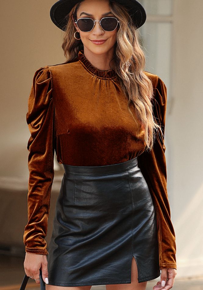 Frill Mock Neck Puff Sleeve Blouse - Pahabu - Women's Clothing & Shop
