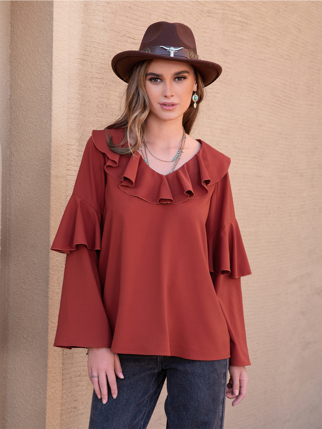 Statement Collar Long Sleeve Blouse - Pahabu - Women's Clothing & Shop