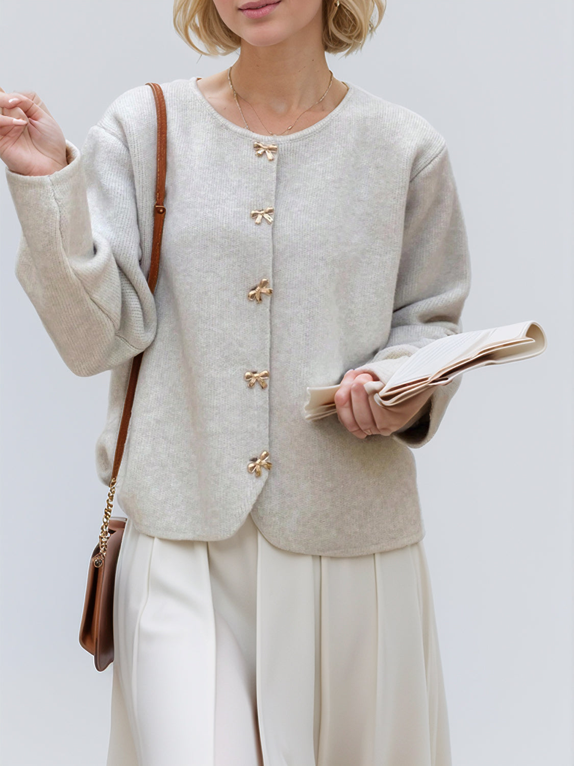 Bow Button Down Round Neck Long Sleeve Cardigan - Pahabu - Women's Clothing & Shop