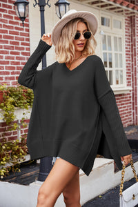 V-Neck Slit Exposed Seam Sweater - Pahabu - Women's Clothing & Shop