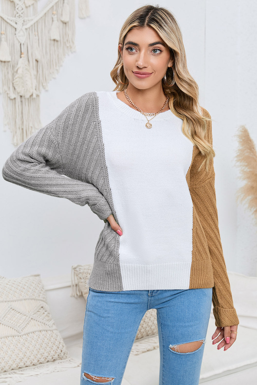 Contrast Color Dropped Shoulder Sweater - Pahabu - Women's Clothing & Shop