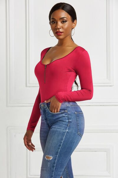 Half Zip Scoop Neck Long Sleeve Bodysuit - Pahabu - Women's Clothing & Shop