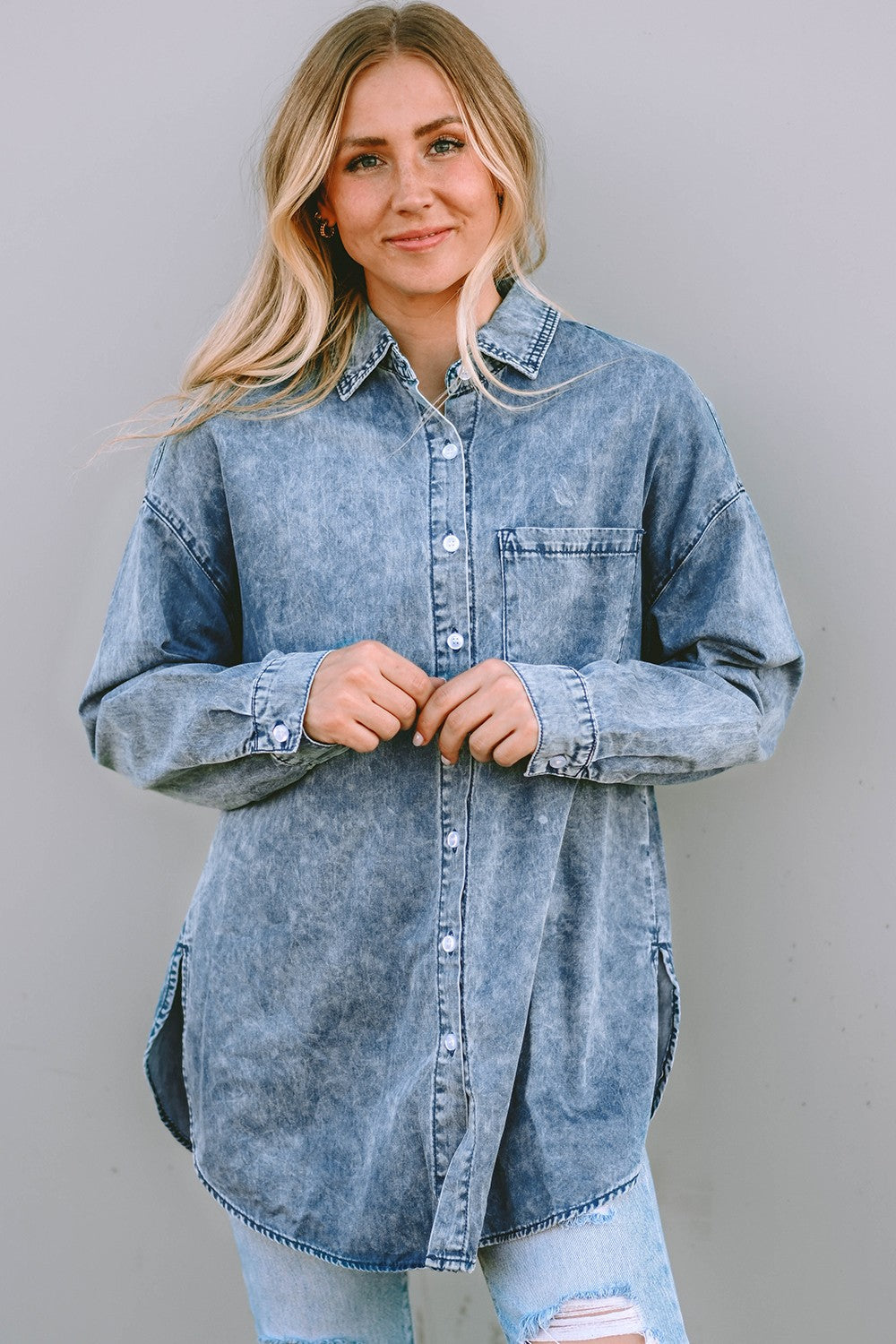 Button Up Dropped Shoulder Denim Top - Pahabu - Women's Clothing & Shop