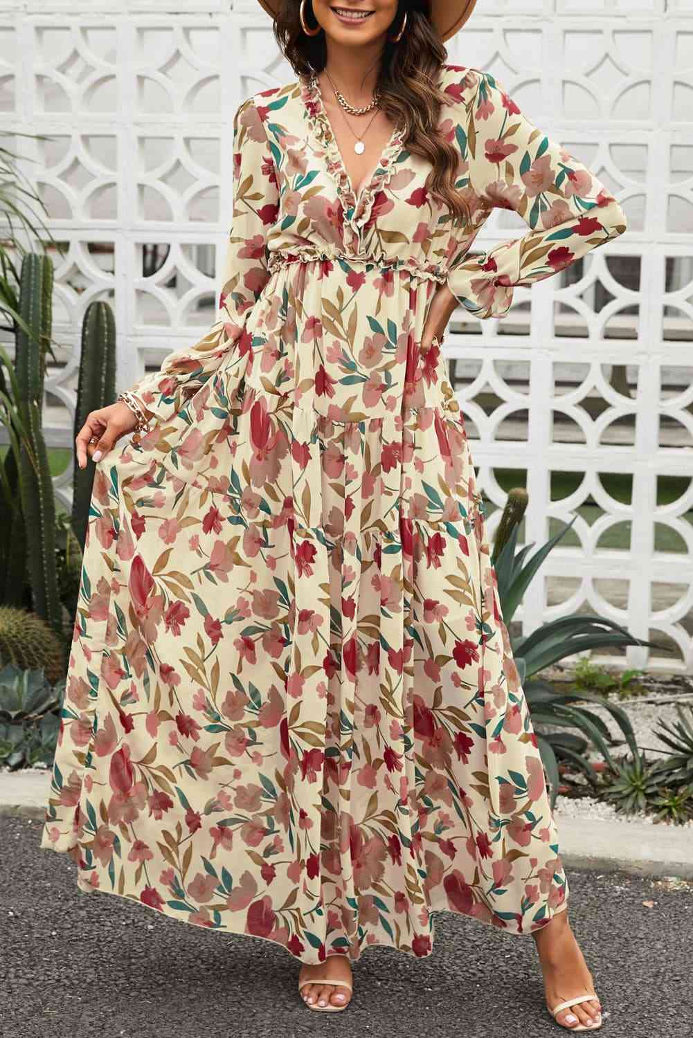 Floral Frill Trim Flounce Sleeve Plunge Maxi Dress - Pahabu - Women's Clothing & Shop