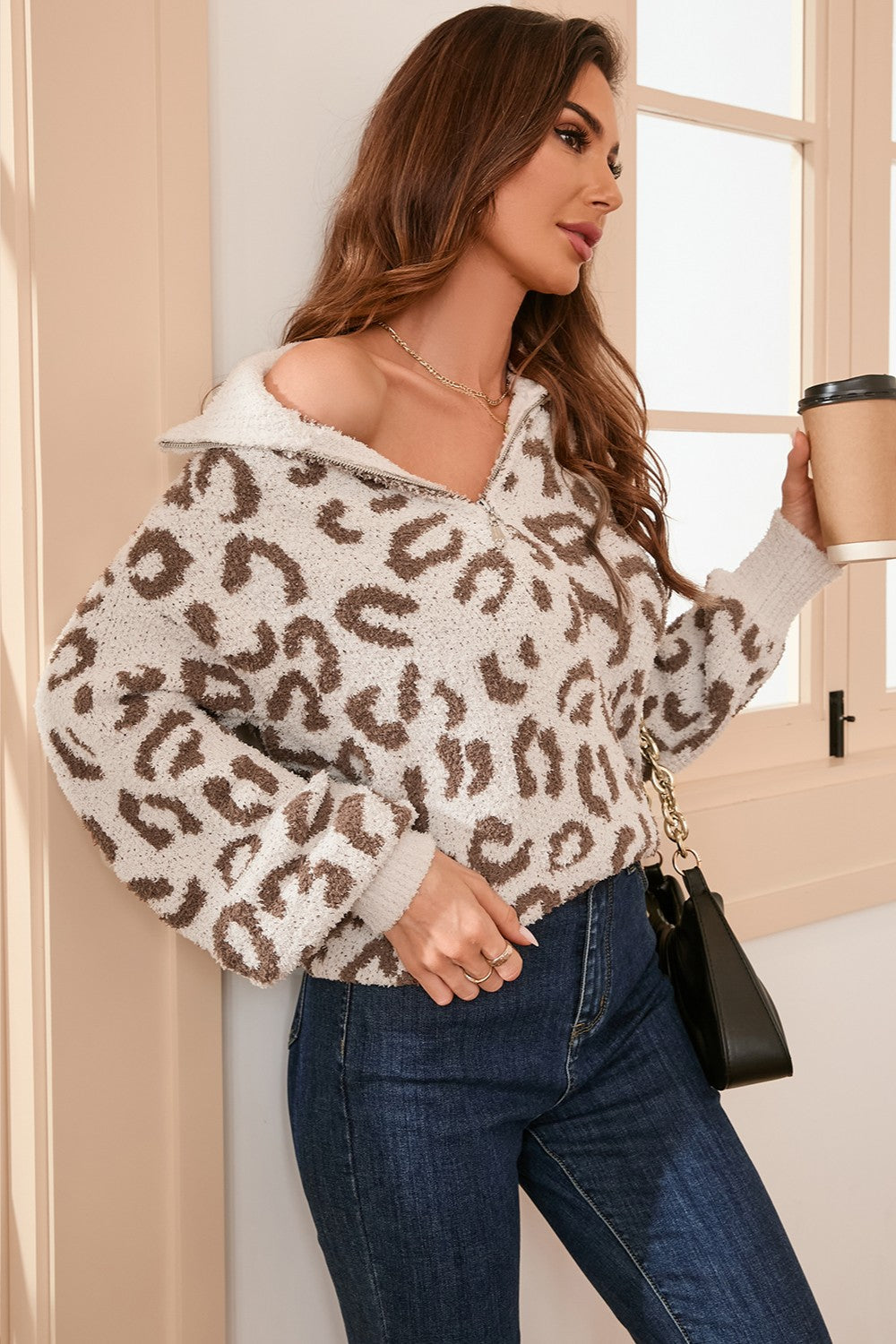 Leopard Half Zip Long Sleeve Sweater - Pahabu - Women's Clothing & Shop