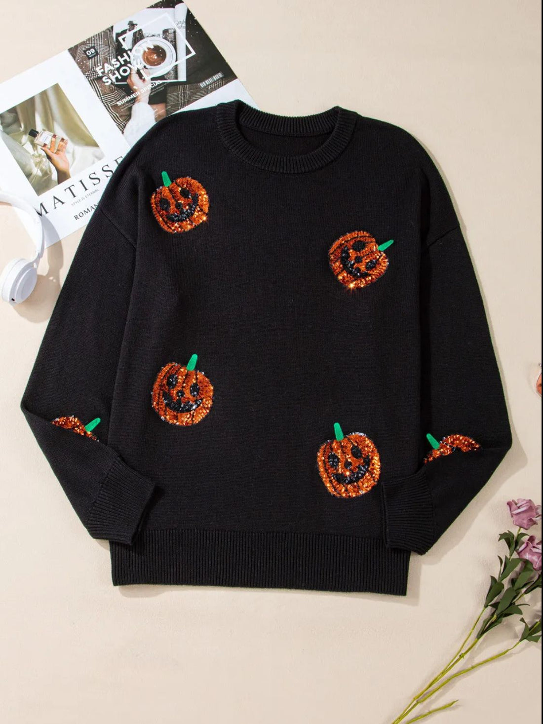 Plus Size Sequin Pumpkin Round Neck Sweater - Pahabu - Women's Clothing & Shop