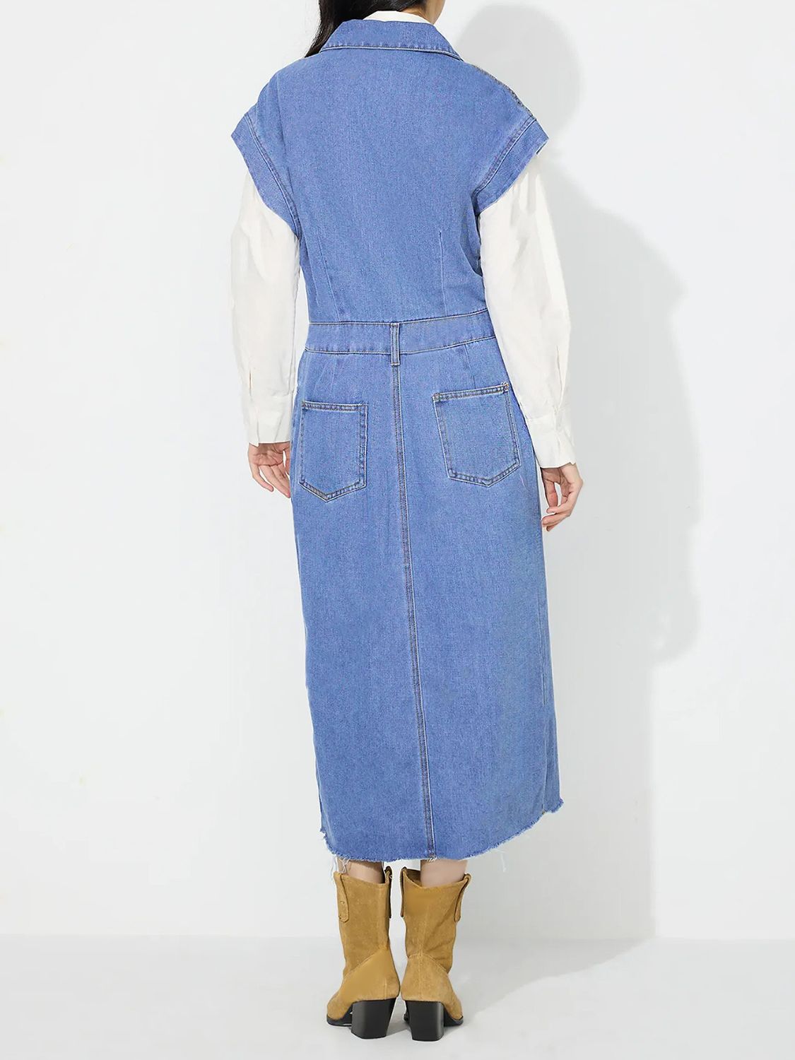 Slit Half Button Collared Neck Cap Sleeve Denim Dress - Pahabu - Women's Clothing & Shop