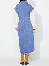 Slit Half Button Collared Neck Cap Sleeve Denim Dress - Pahabu - Women's Clothing & Shop