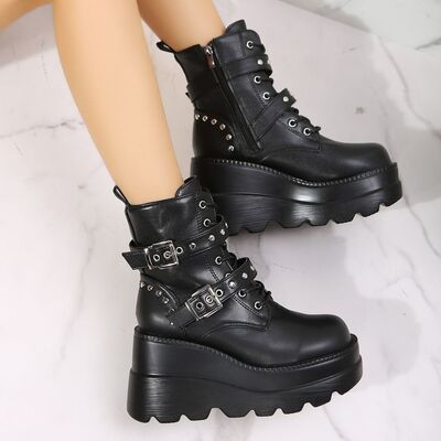 PU Leather Wedge Boots with Side Zip - Pahabu - Women's Clothing & Shop