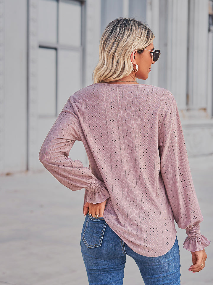 V-Neck Eyelet Flounce Sleeve Blouse - Pahabu - Women's Clothing & Shop