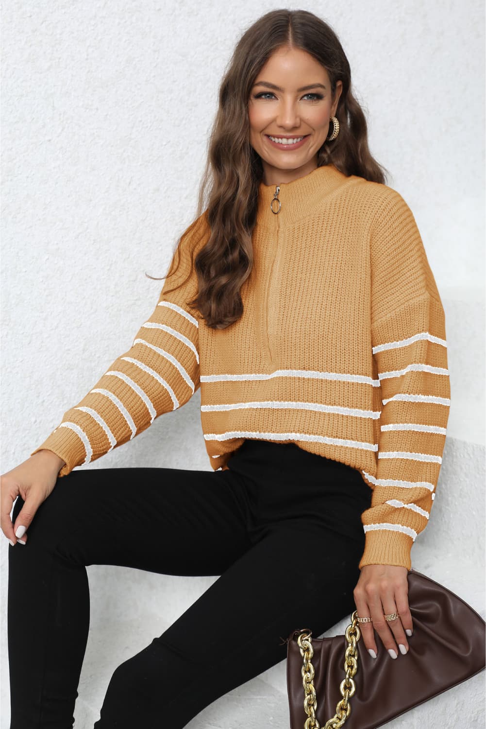 Mock Neck Long Sleeve Zip-Up Sweater - Pahabu - Women's Clothing & Shop