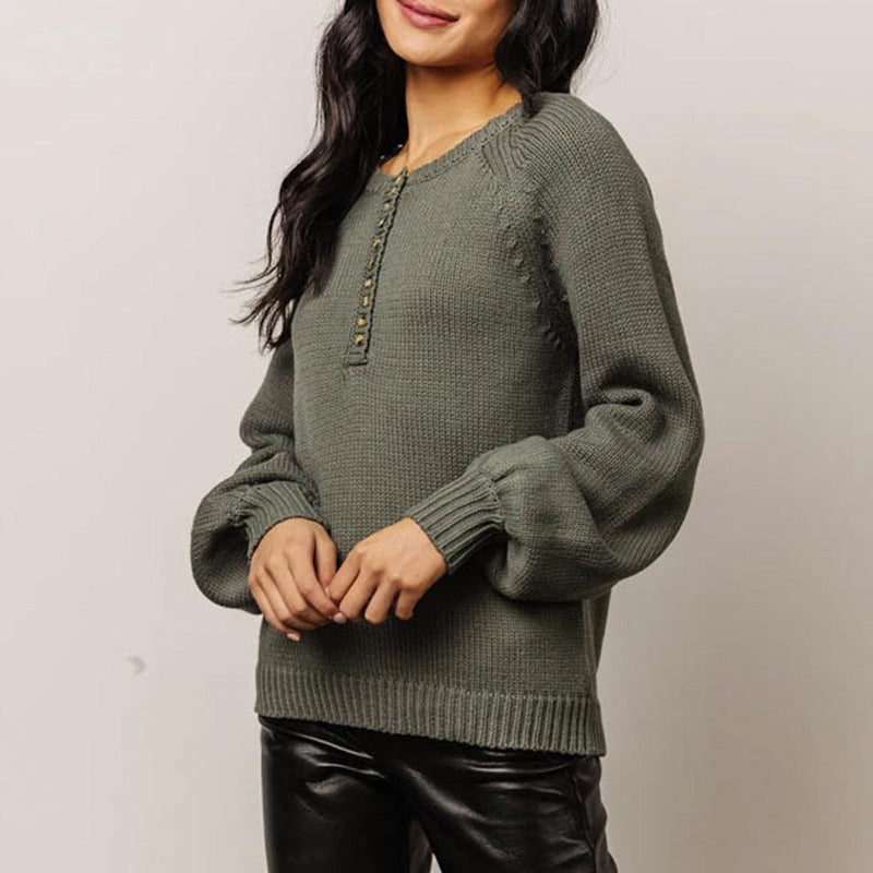 Buttoned Round Neck Long Sleeve Sweater - Pahabu - Women's Clothing & Shop