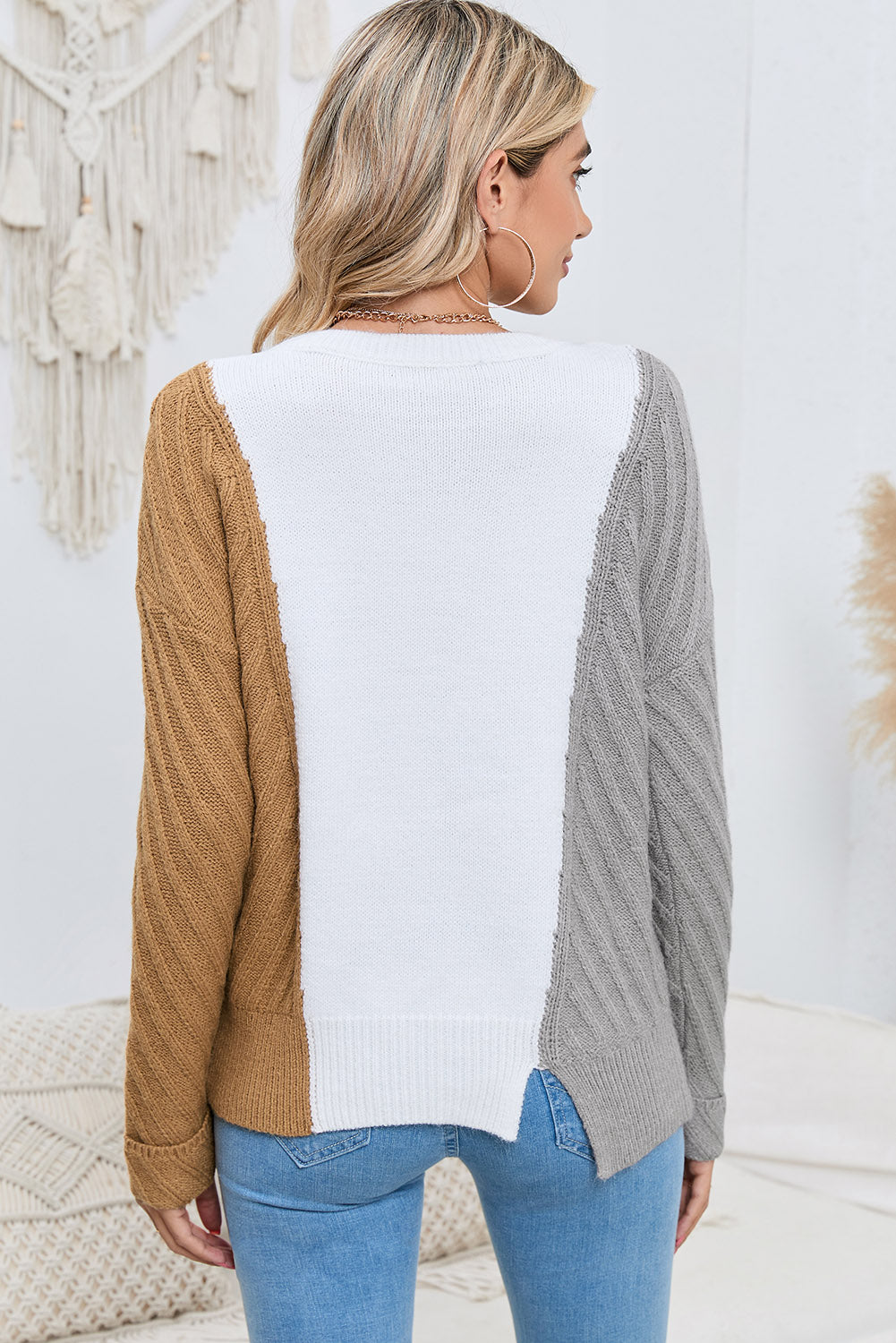 Contrast Color Dropped Shoulder Sweater - Pahabu - Women's Clothing & Shop