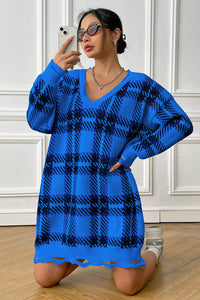 Plaid V-Neck Long Sleeve Sweater Dress - Pahabu - Women's Clothing & Shop
