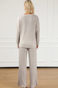 Ribbed V-Neck Top and Pants Lounge Set - Pahabu - Women's Clothing & Shop