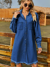 Button Up Collared Neck Raw Hem Denim Dress - Pahabu - Women's Clothing & Shop