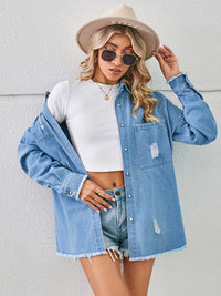 Distressed Raw Hem Dropped Shoulder Denim Jacket - Pahabu - Women's Clothing & Shop