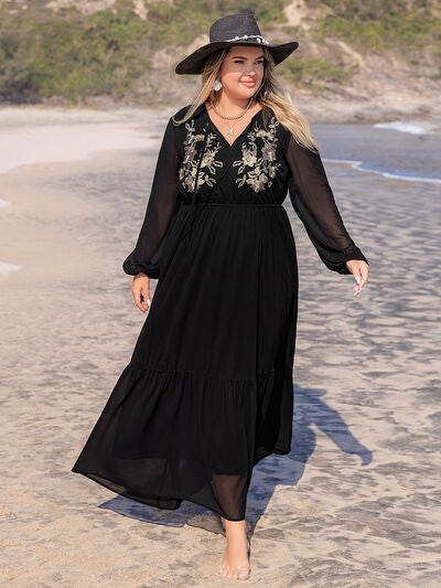 Plus Size Embroidered Tie Neck Long Sleeve Dress - Pahabu - Women's Clothing & Shop
