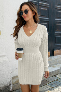 Cable-Knit V-Neck Long Sleeve Mini Sweater Dress - Pahabu - Women's Clothing & Shop
