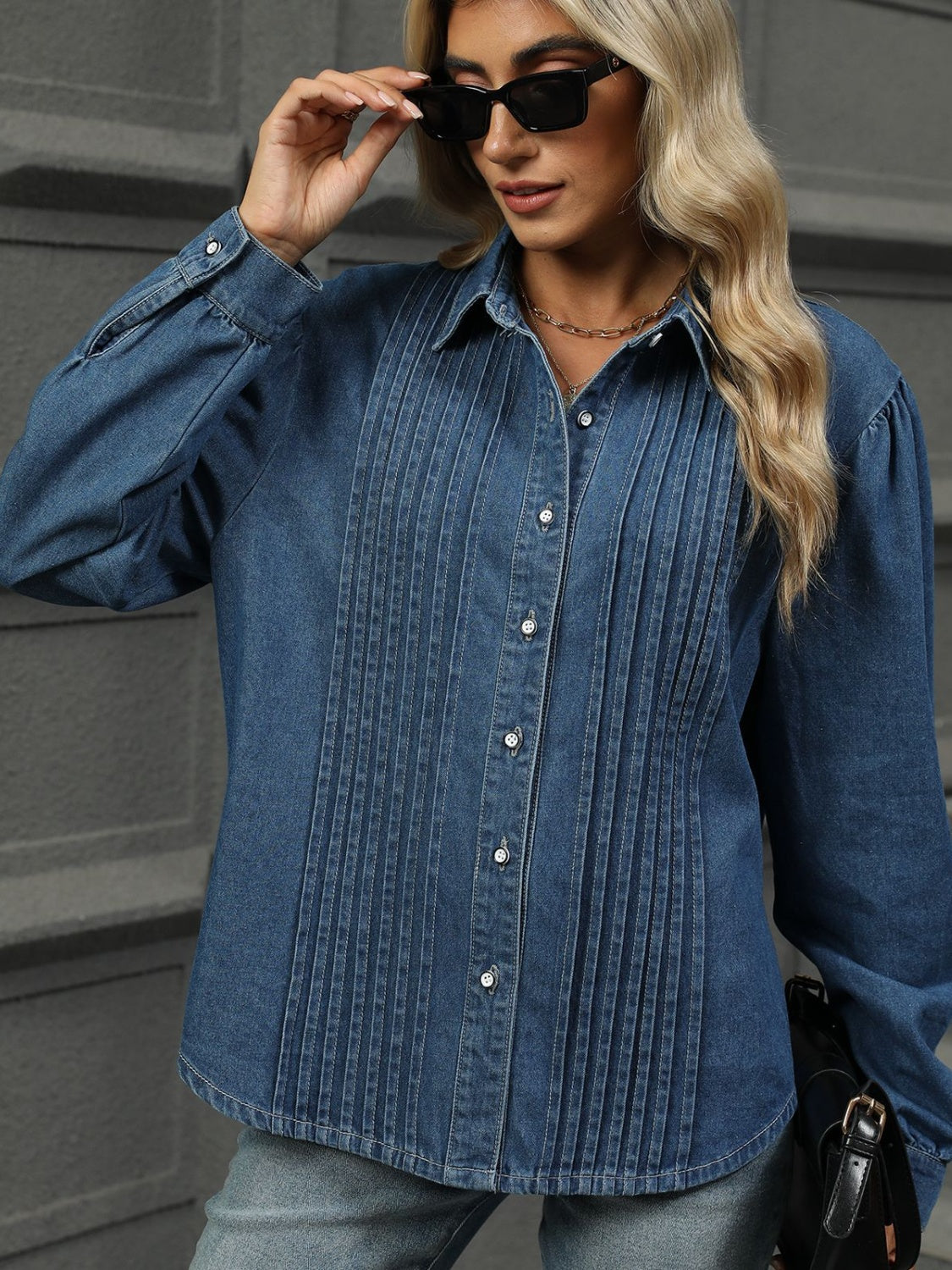 Button Down Collared Neck Long Sleeve Denim Top - Pahabu - Women's Clothing & Shop