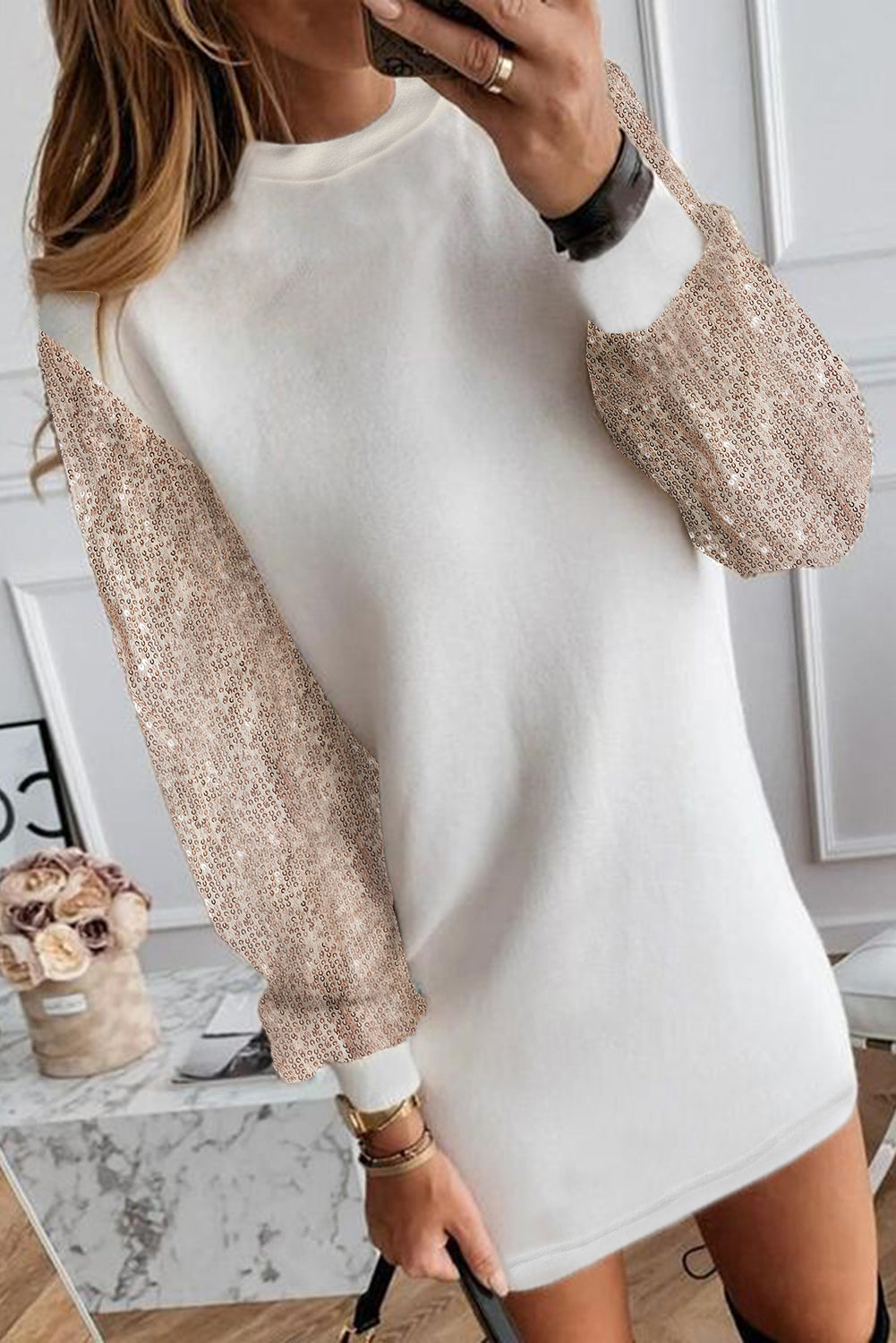 Sequin Long Sleeve Round Neck Mini Dress - Pahabu - Women's Clothing & Shop