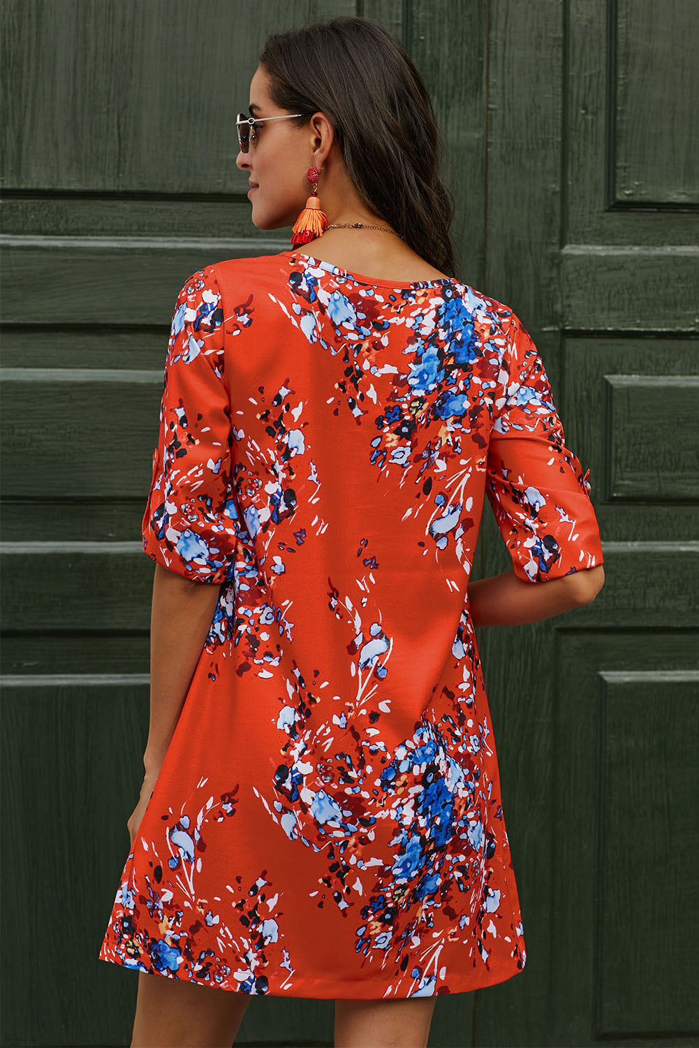 Printed Buttoned V-Neck Half Sleeve Dress - Pahabu - Women's Clothing & Shop