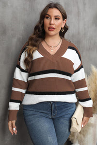 Plus Size Striped V-Neck Dropped Shoulder Sweater - Pahabu - Women's Clothing & Shop