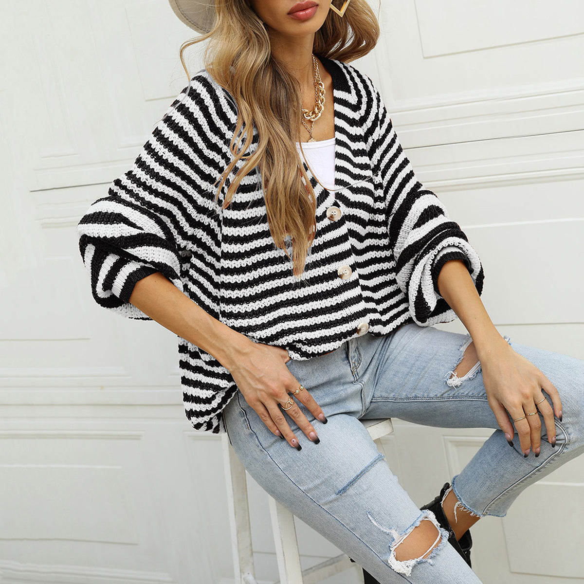 Striped Button Down Long Sleeve Cardigan - Pahabu - Women's Clothing & Shop