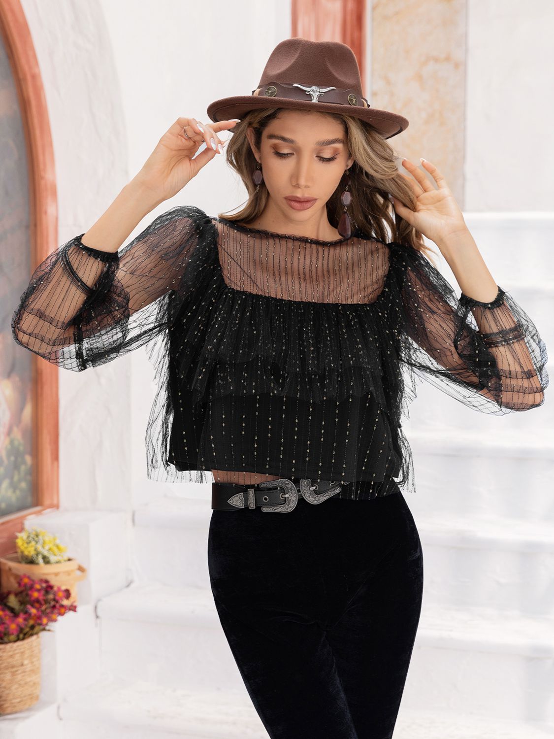 Round Neck Layered Long Sleeve Blouse - Pahabu - Women's Clothing & Shop