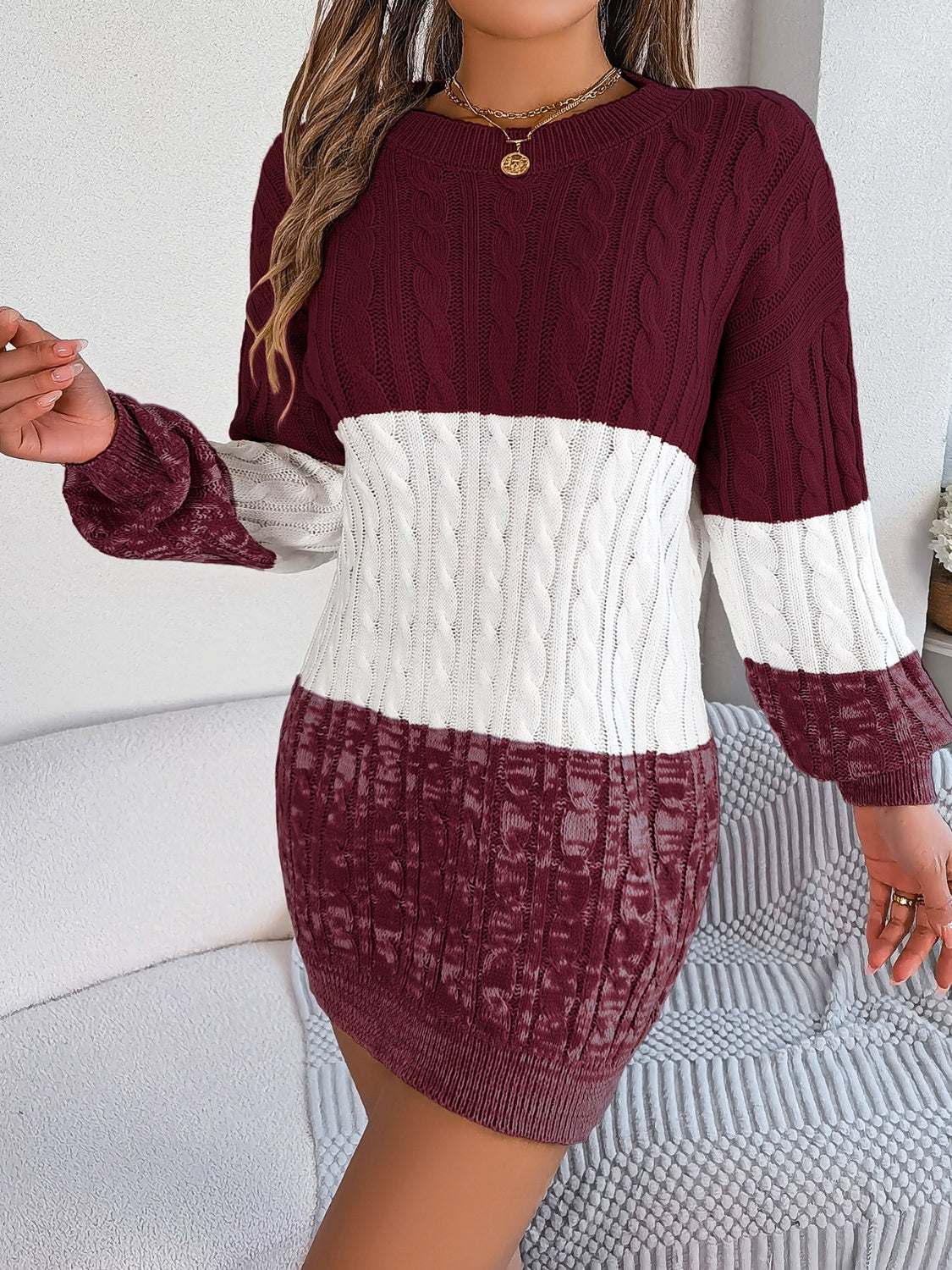 Cable-Knit Round Neck Color Block Sweater Dress - Pahabu - Women's Clothing & Shop
