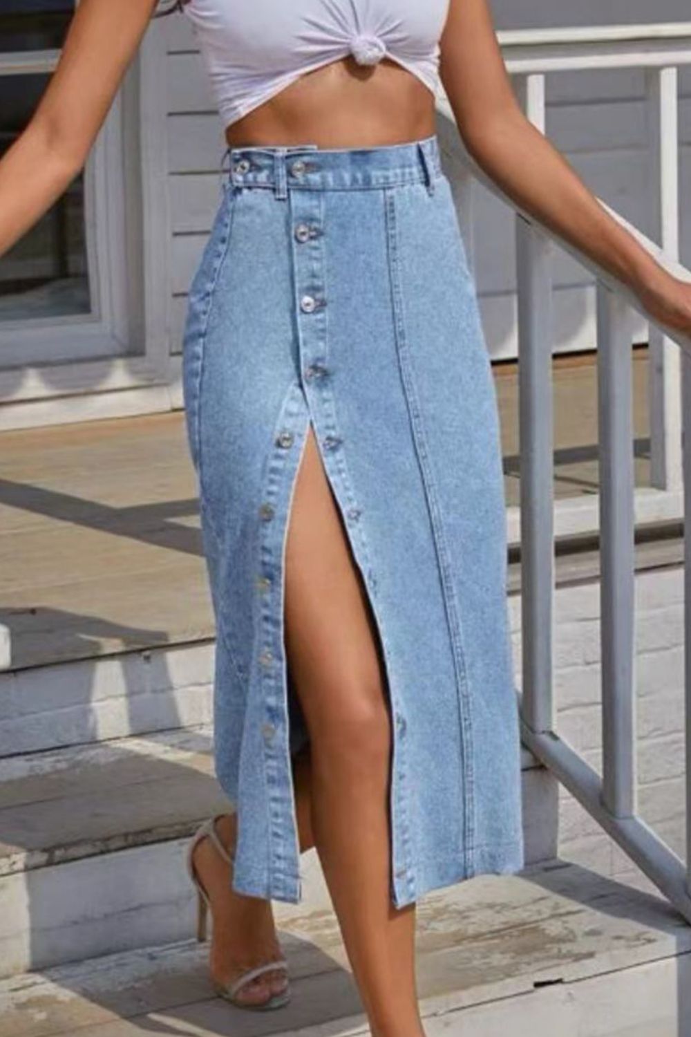 Buttoned Split Denim Skirt - Pahabu - Women's Clothing & Shop