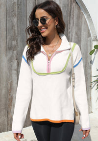 Contrast Half Zip Drop Shoulder Sweater - Pahabu - Women's Clothing & Shop
