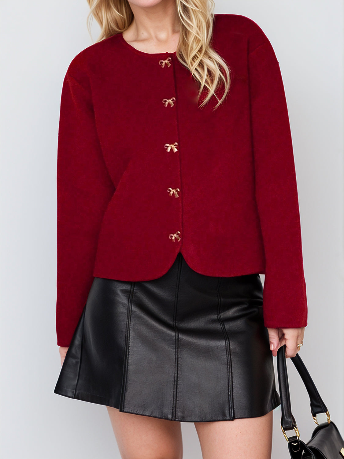 Bow Button Down Round Neck Long Sleeve Cardigan - Pahabu - Women's Clothing & Shop