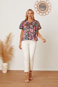Floral Collared Neck Short Sleeve Blouse - Pahabu - Women's Clothing & Shop