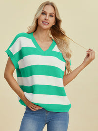 Double Take Full Size Striped V-Neck Short Sleeve Sweater - Pahabu - Women's Clothing & Shop