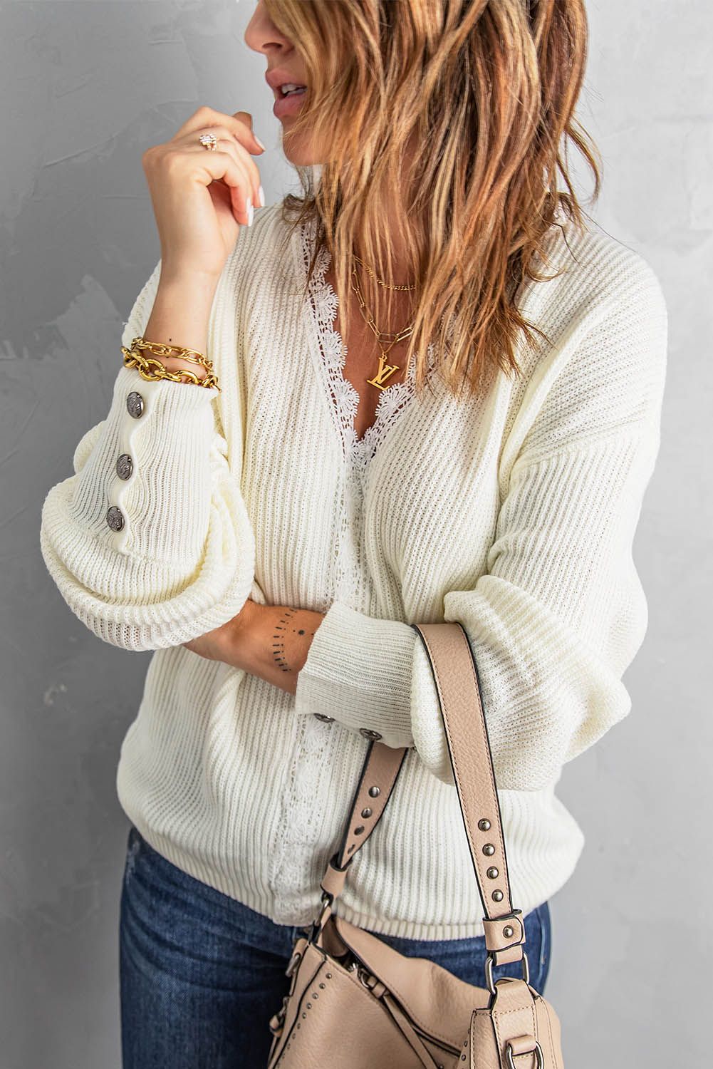 Lace Trim V-Neck Button Cuff Rib-Knit Sweater - Pahabu - Women's Clothing & Shop