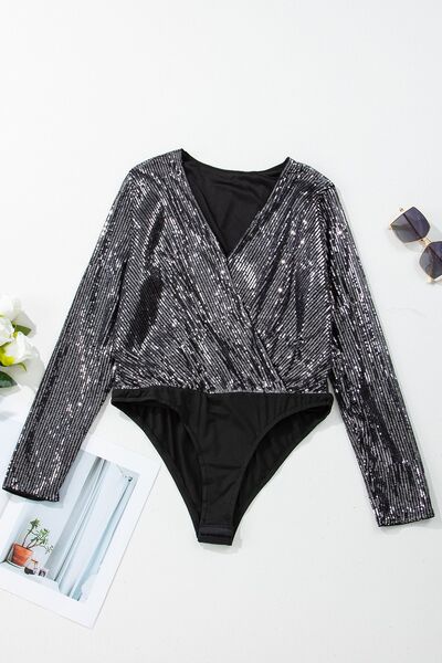 Sequin Surplice Long Sleeve Bodysuit - Pahabu - Women's Clothing & Shop